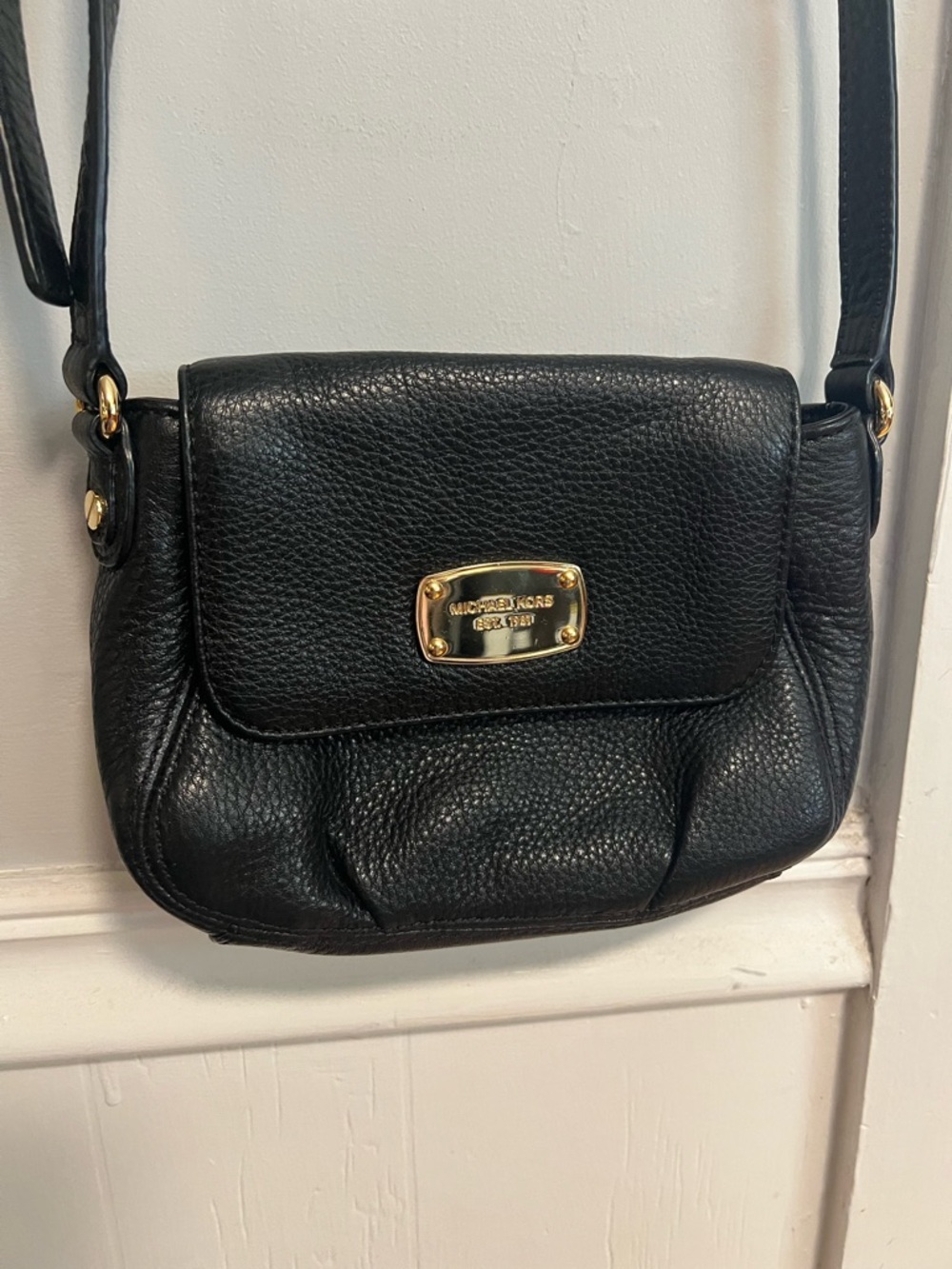 Michael Kors Black Pebbled Leather Flap Crossbody with Gold Plaque